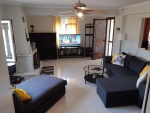 a living room with a couch and a tv at Villa Belvedere Flogita in Flogita