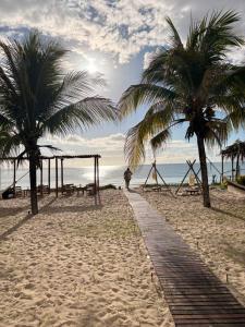 a beach with two palm trees and a swing set at Pousada Amarílis in Barra de Santo Antônio