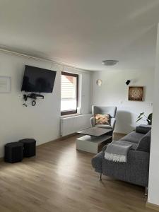 a living room with a couch and a tv on the wall at Apartments Lajk in Lesce