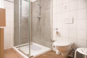 a bathroom with a shower and a toilet at Seewind W04 in Laboe