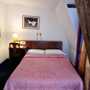 a bedroom with a bed with a red blanket at Hotel du Commerce et de Navarre in Lourdes