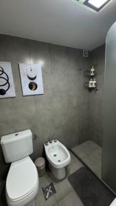 a bathroom with a white toilet and a shower at Departamento centro Rio Cuarto con Cochera in Río Cuarto