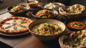 a wooden table topped with bowls of pasta and pizza at Julley Jispa in Jispa +29 photos