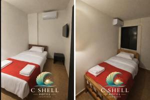una camera d'albergo con due letti e una TV di C Shell Hotel a Jounieh