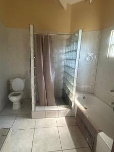 a bathroom with a shower and a tub and a toilet at Amazing Antigua Getway in Bolans