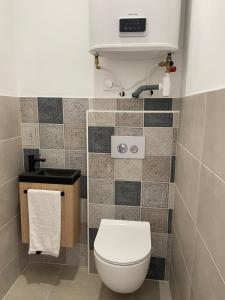 a bathroom with a white toilet and a sink at Appartement avec mini suite vue Cathédrale in Cavaillon