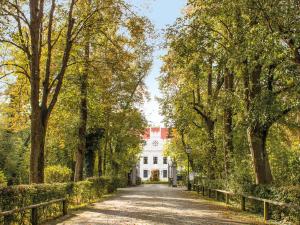 an avenue of trees in front of a white house at DORMERO Schlosshotel Reichenschwand in Reichenschwand