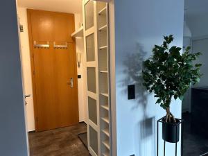 a hallway with a plant in a vase next to a door at Faraway Homes Studio Bruck #11 in Bruck an der Mur +4 photos
