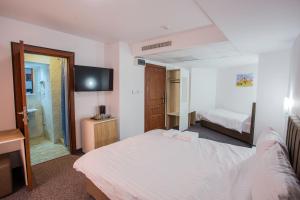 a bedroom with a bed and a bathroom with a shower at Acomodoro Residence in Bucharest +33 photos