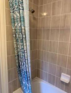 a shower with a blue shower curtain in a bathroom at Comfortable Room with Free Parking in Brampton