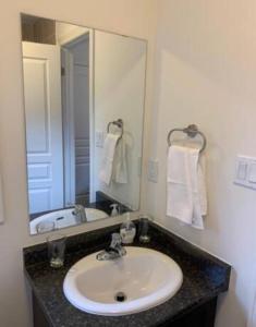 a bathroom with a sink and a large mirror at Comfortable Room with Free Parking in Brampton