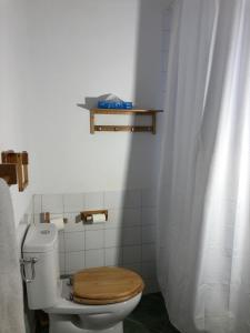 a bathroom with a toilet with a wooden seat at Las Casitas de Layos in Layos +11 photos