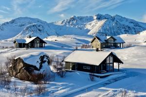 a group of houses in the snow with mountains in the background at Lofoten Links Lodges in Gimsøy +167 photos