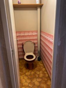 a small bathroom with a toilet with pink walls at Chambre HABILIS 31 in Auterive +3 photos