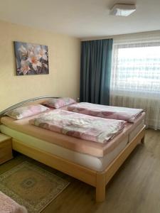 a bedroom with a large bed with a window at Ferienwohnung Zapfl Maria in Greisdorf