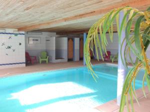 a pool with a wooden ceiling and a palm tree at Gite 2 de Renuamont in Sainte-Ode +30 photos
