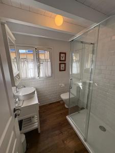 a bathroom with a shower and a sink and a toilet at La Casa de Nueva in Nueva de Llanes