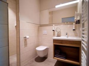 a bathroom with a toilet and a sink and a mirror at Hotel-Gasthof Neue Post in Leutershausen +24 photos