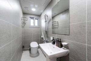 a bathroom with a sink and a toilet and a mirror at Regen Hotel in Seoul