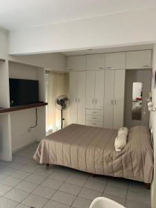 a bedroom with a bed and a flat screen tv at Monoambiente Supercéntrico! San Martín 436 in Tandil