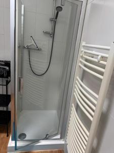 a shower with a glass door in a bathroom at Les volets bleus in Saint-Saviol +34 photos