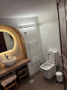 ein Badezimmer mit Waschbecken, Toilette und Spiegel in der Unterkunft Plagia Luxury Suites in Skyros
