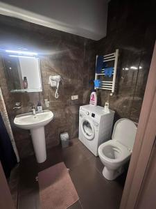 a bathroom with a sink toilet and a washing machine at Bakuriani apartment in Bakuriani +13 photos