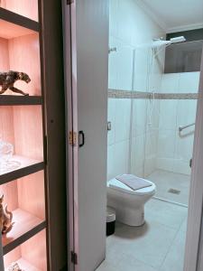 a bathroom with a toilet and a glass shower at Dias Felizes - Apto Centro Serra Negra - Edifício Cisne in Serra Negra