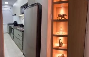 a kitchen with a refrigerator and shelves with cats on them at Dias Felizes - Apto Centro Serra Negra - Edifício Cisne in Serra Negra