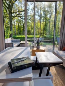 a room with a bed and a table and a window at Tiny House in Kropswolde