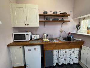 a kitchen with a counter with a microwave and a sink at Elterwater Park self catering in Ambleside +23 photos