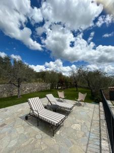 two lounge chairs and a table on a patio at BORGO A MONTI di Sotto in Gaiole in Chianti