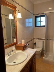 a bathroom with a sink and a toilet and a mirror at Vino Domus in Cabeção +21 photos