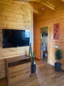 a living room with a flat screen tv on a wooden wall at Serras d'Sal in Alcochete