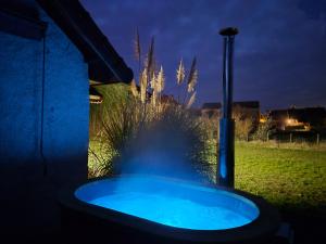 a blue bath tub in a yard at night at TREE LODGY - LINAE - Nouveau espace bien être disponible in Ray-sur-Saône