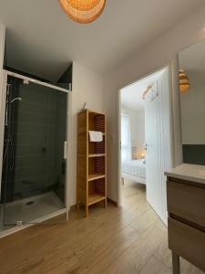 a bathroom with a shower and a sink and a mirror at Héol in Saint Malo