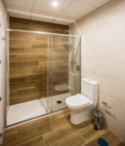a bathroom with a toilet and a glass shower at Apartamentos Ciudad del Cava in Almendralejo +30 photos