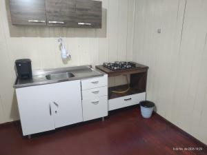 a small kitchen with a sink and a stove at Casa 2 Quartos - Vila Real in Chapecó