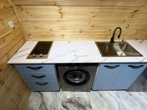 a kitchen with a sink and a washing machine at Kedari Borjomi Cottage in Borjomi +23 photos