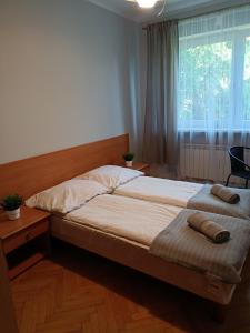 a bedroom with a large bed and a window at Hotelik -Świerki in Swarzędz