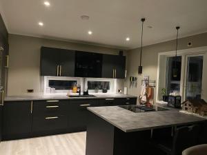 a kitchen with black cabinets and a counter top at Villa Aurora in Alta +13 photos
