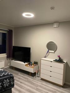 a bedroom with a bed and a dresser with a mirror at Villa Aurora in Alta