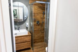 a bathroom with a shower with a sink and a mirror at Apartmán u Pivovaru in Rožnov pod Radhoštěm +7 photos