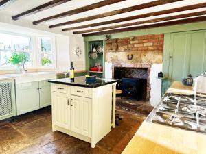 a kitchen with green cabinets and a fireplace at Thorpe House - Fylingthorpe in Fylingthorpe