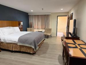a hotel room with a large bed and a desk at RELAX hotel and spa in Desert Hot Springs +18 photos