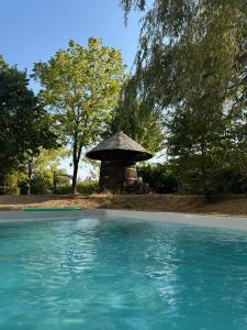 a swimming pool with a gazebo in the background at Logis Hôtel LE DAHU in Parigny