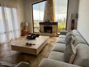 a living room with a couch and a fireplace at Villa Grand Zeus in Anoyira