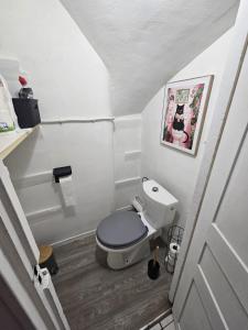 a small bathroom with a toilet in a room at F2 avec jardin in Nemours +3 photos