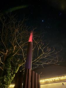 a red candle in front of a tree at night at Székelykapu vendégház in Mátraszentimre