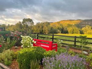 a red bench in a garden with flowers at Cosy nap under the Paps in Killarney